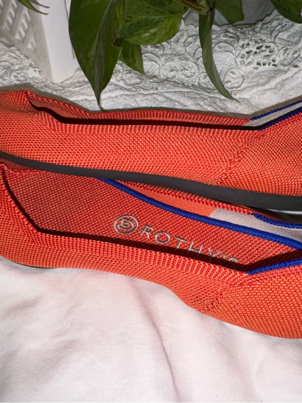 Rothy's Women's Pointed Knit Flats in Bright Orange with Blue Trim - Picture 3 of 8